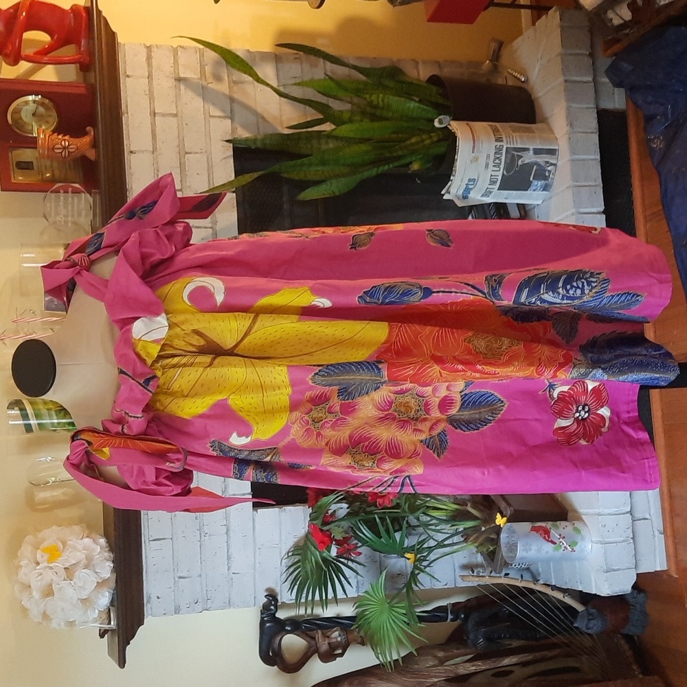 Handmade Floral Mid Length Dress with Tie Sleeves, size L